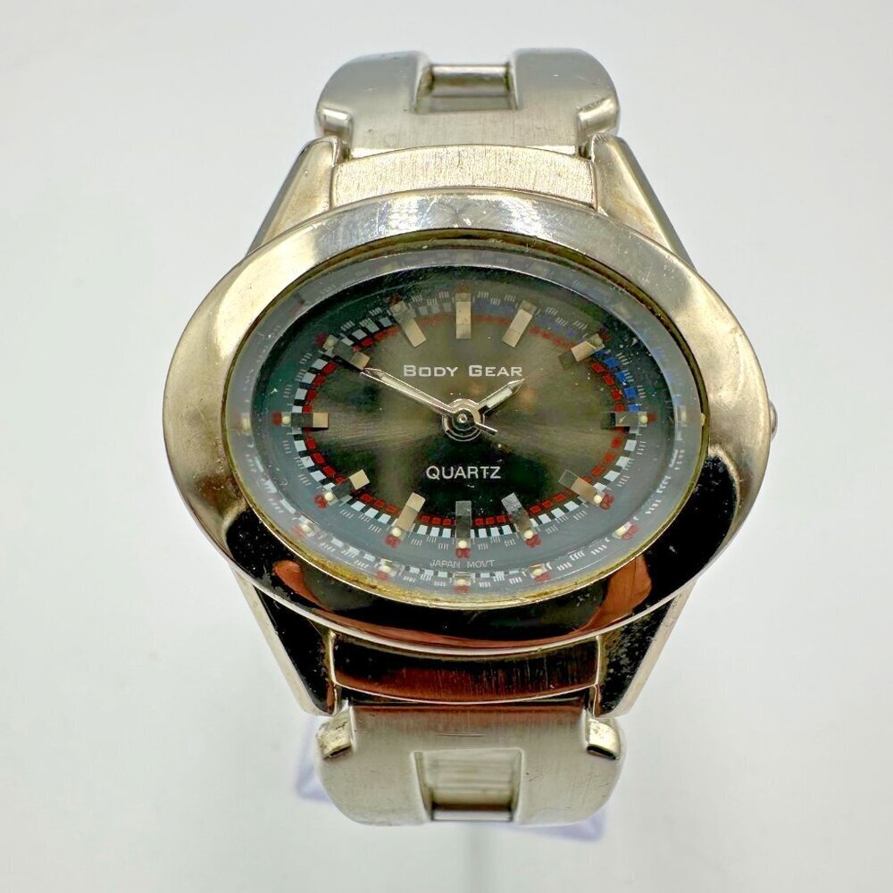 3/$30 Body Gear Watch Women Silver Tone Oval Dial 31MM Grey Dial New Battery 7"